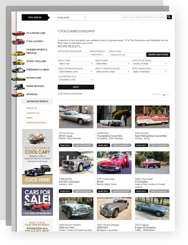 car rental website menu page